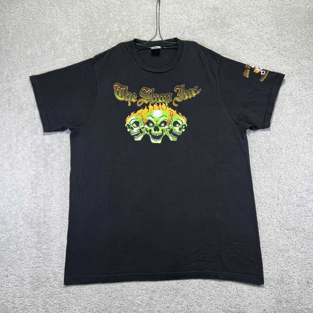 The Shop Inc. T-Shirt Size 2XL Black Skull Flames Hot Rod Graphic Tee Grunge